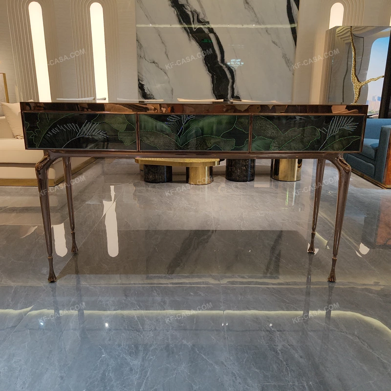 Rose Gold Console Table with Jeweled Botanical Panels and Sculptural Cabriole Legs